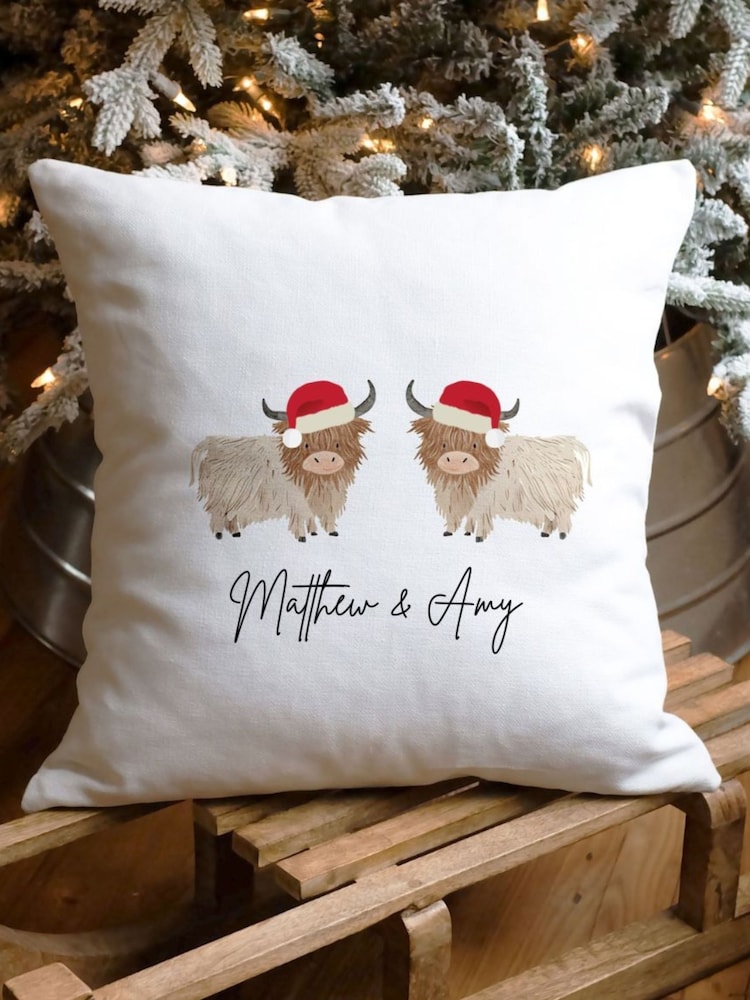 Personalised Couples Christmas Highland Cow Cushion by Koko Blossom - Image 1 of 2