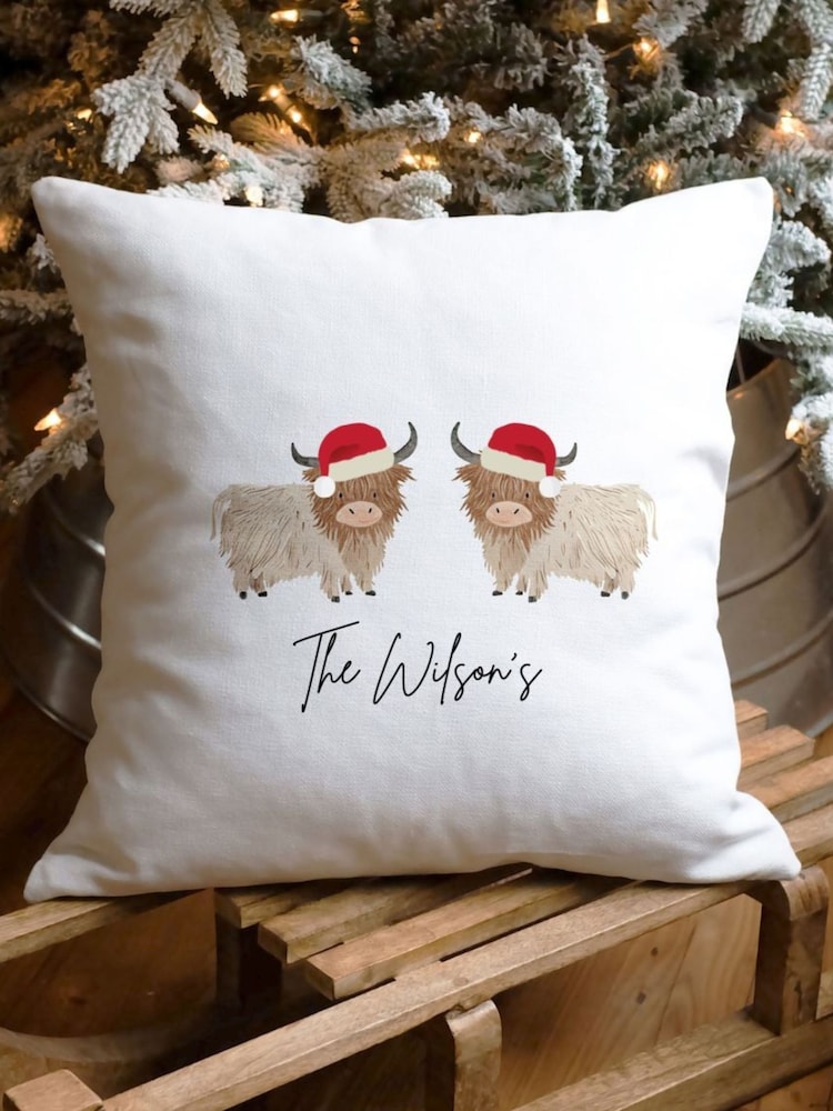 Personalised Couples Christmas Highland Cow Cushion by Koko Blossom - Image 2 of 2