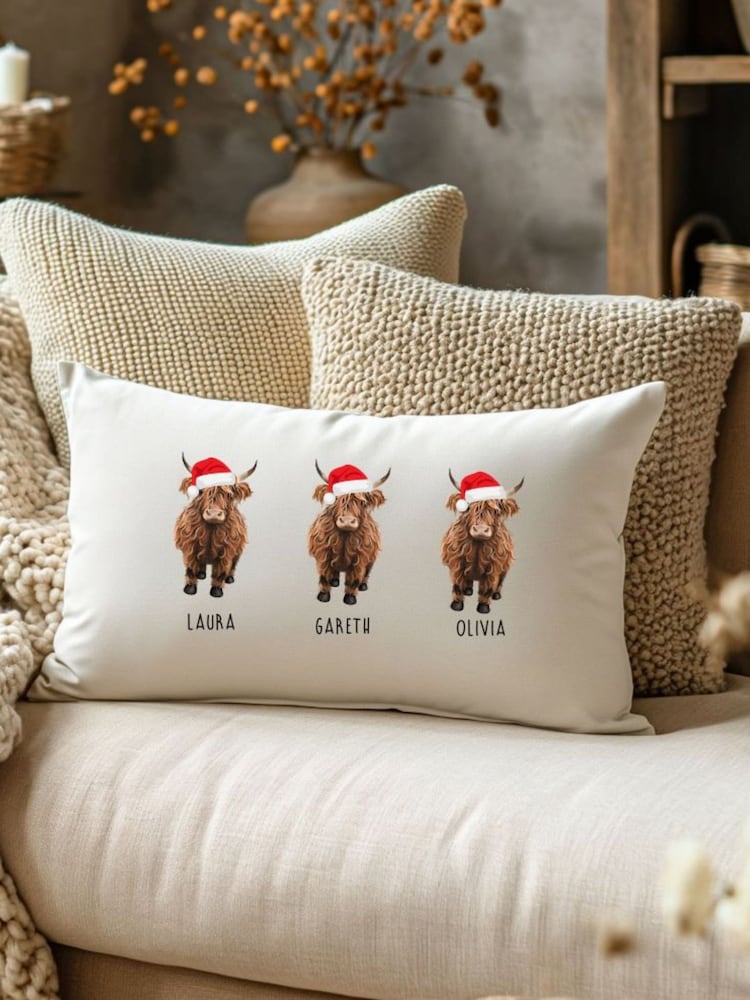 Personalised Family Christmas Highland Cow Cushion by Koko Blossom - Image 1 of 4 Personalised Family Christmas Highland Cow Cushion by Koko Blossom - Image 1 of 4