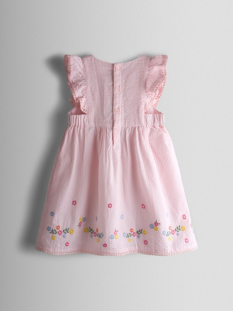 Buy JoJo Maman Bb Pink Seersucker Duck Frill Shoulder Embroidered Dress  from Next USA
