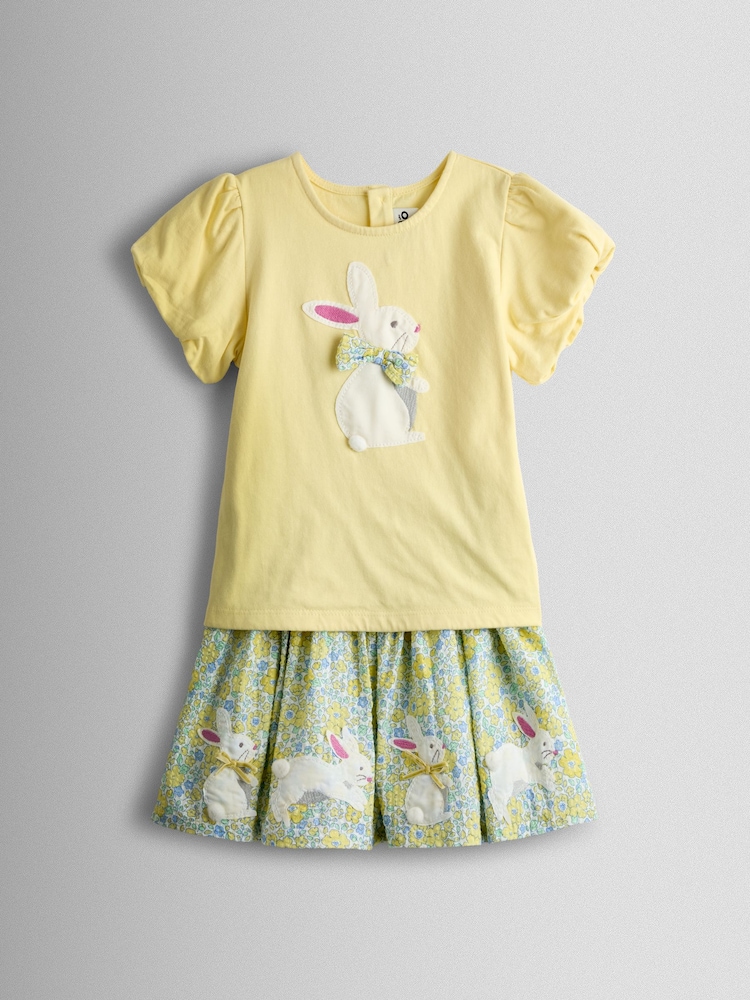 JoJo Maman Bébé Yellow Bunny Appliqué T-shirt & Seersucker Skirt Set - Image 1 of 7