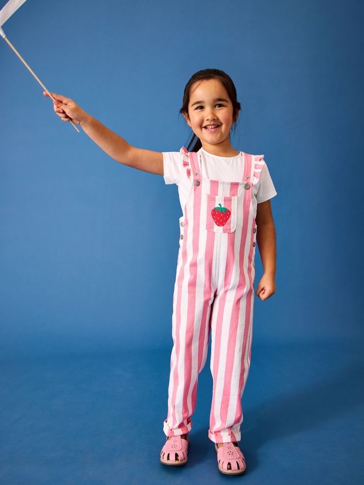 JoJo Maman Bébé Pink Strawberry Appliqué Stripe Dungaree And T-Shirt Set - Image 1 of 7 JoJo Maman Bébé Pink Strawberry Appliqué Stripe Dungaree And T-Shirt Set - Image 1 of 7