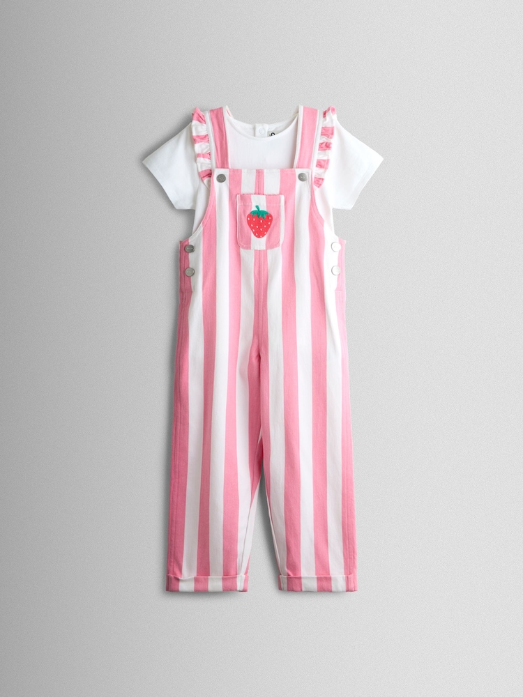 JoJo Maman Bébé Pink Strawberry Appliqué Stripe Dungaree And T-Shirt Set - Image 2 of 7 JoJo Maman Bébé Pink Strawberry Appliqué Stripe Dungaree And T-Shirt Set - Image 2 of 7