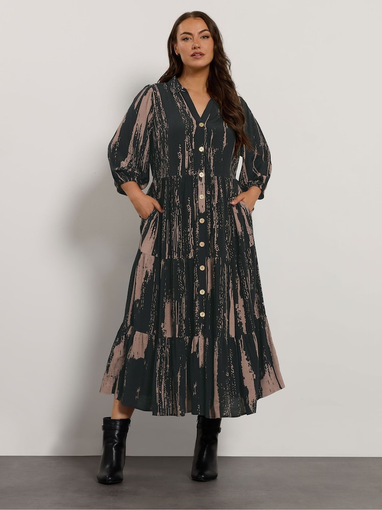 Evans All Over Print Smudge Tiered Black Dress - Image 1 of 5