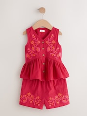 Red Embroidered Blouse And Shorts Co-ord Set (3mths-8yrs) - Image 1 of 5