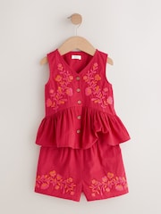 Red Embroidered Blouse And Shorts Co-ord Set (3mths-8yrs) - Image 2 of 5