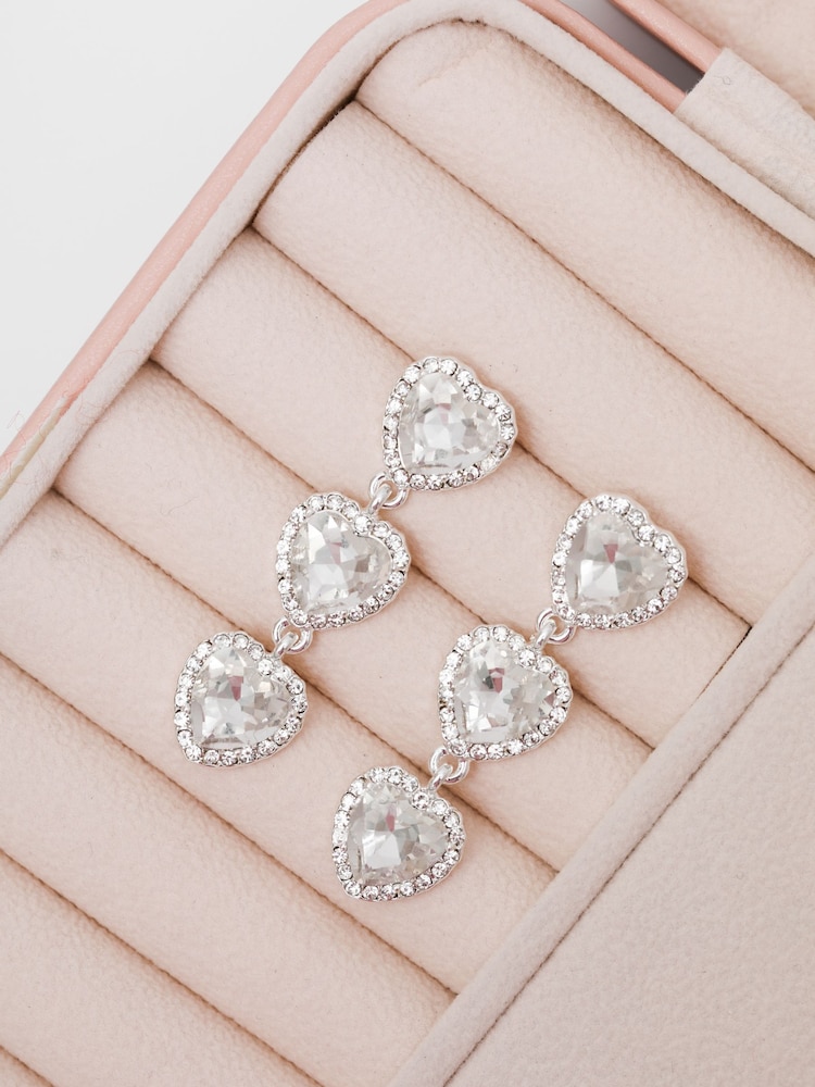 Mood Silver Tone Crystal Heart Triple Drop Statement Earrings - Image 2 of 4 Mood Silver Tone Crystal Heart Triple Drop Statement Earrings - Image 2 of 4