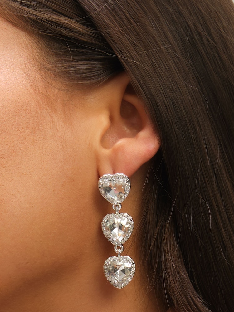 Mood Silver Tone Crystal Heart Triple Drop Statement Earrings - Image 4 of 4 Mood Silver Tone Crystal Heart Triple Drop Statement Earrings - Image 4 of 4