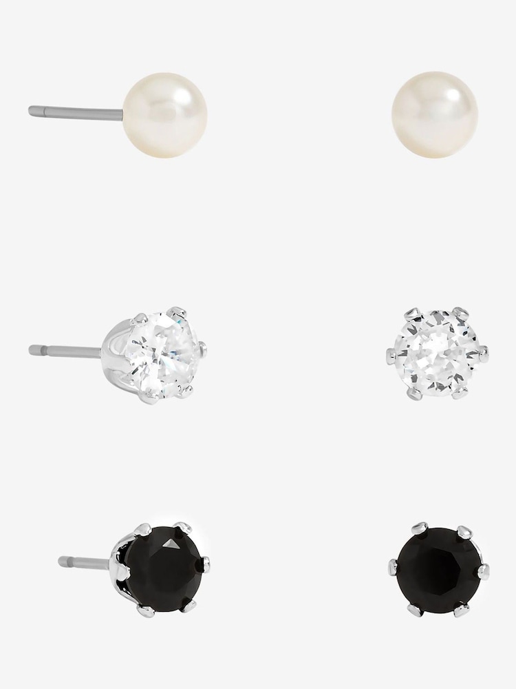Mood Metallic Tone Pearl, Crystal Jet Stud Earrings - Pack of 3 - Image 1 of 3
