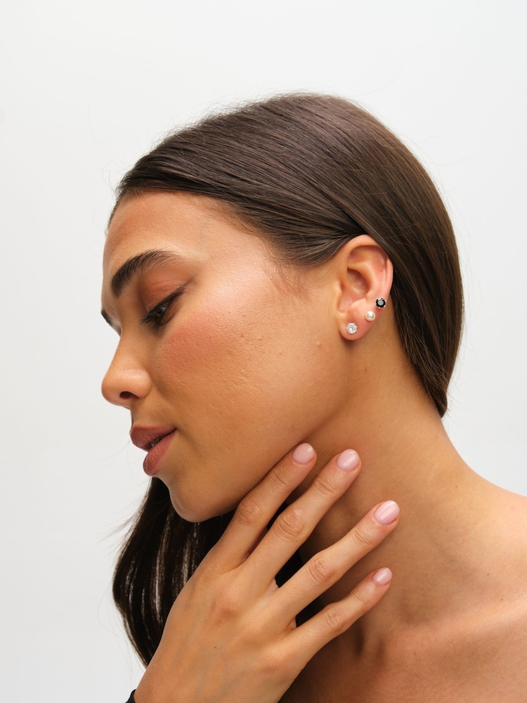Mood Metallic Tone Pearl, Crystal Jet Stud Earrings - Pack of 3 - Image 2 of 3