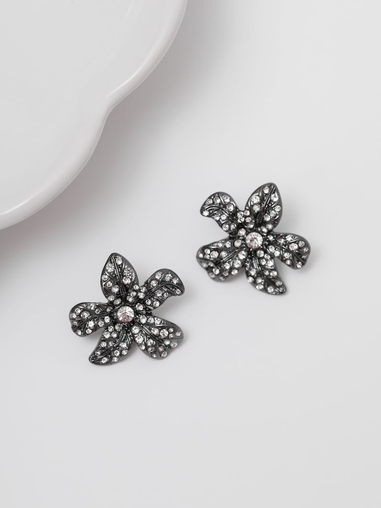 Mood Black Crystal Floral Statement Stud Earrings - Image 1 of 4
