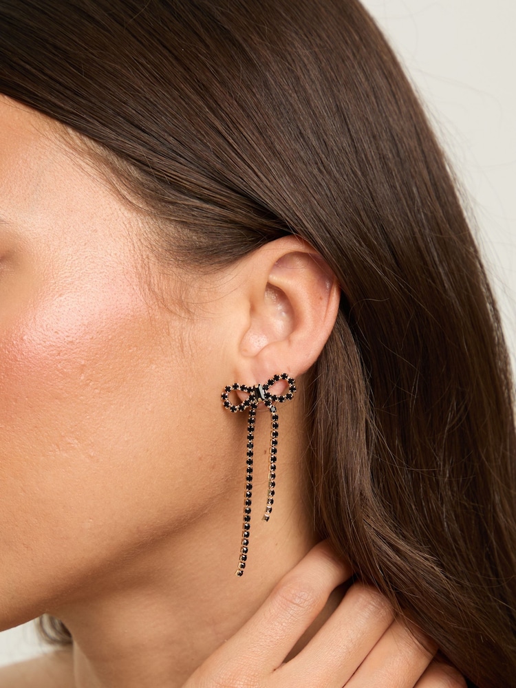 Mood Gold Tone Jet Crystal Bow Statement Earrings - Image 2 of 3