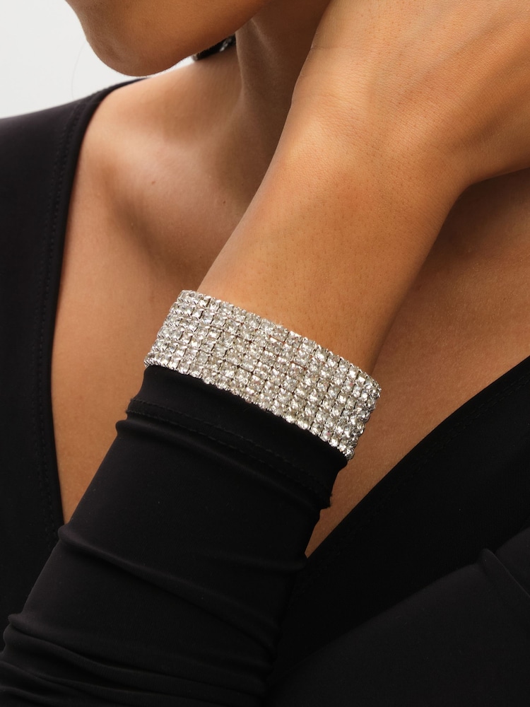 Mood Silver Tone Crystal Multi Row Stretch Cuff Bracelet - Image 2 of 3 Mood Silver Tone Crystal Multi Row Stretch Cuff Bracelet - Image 2 of 3