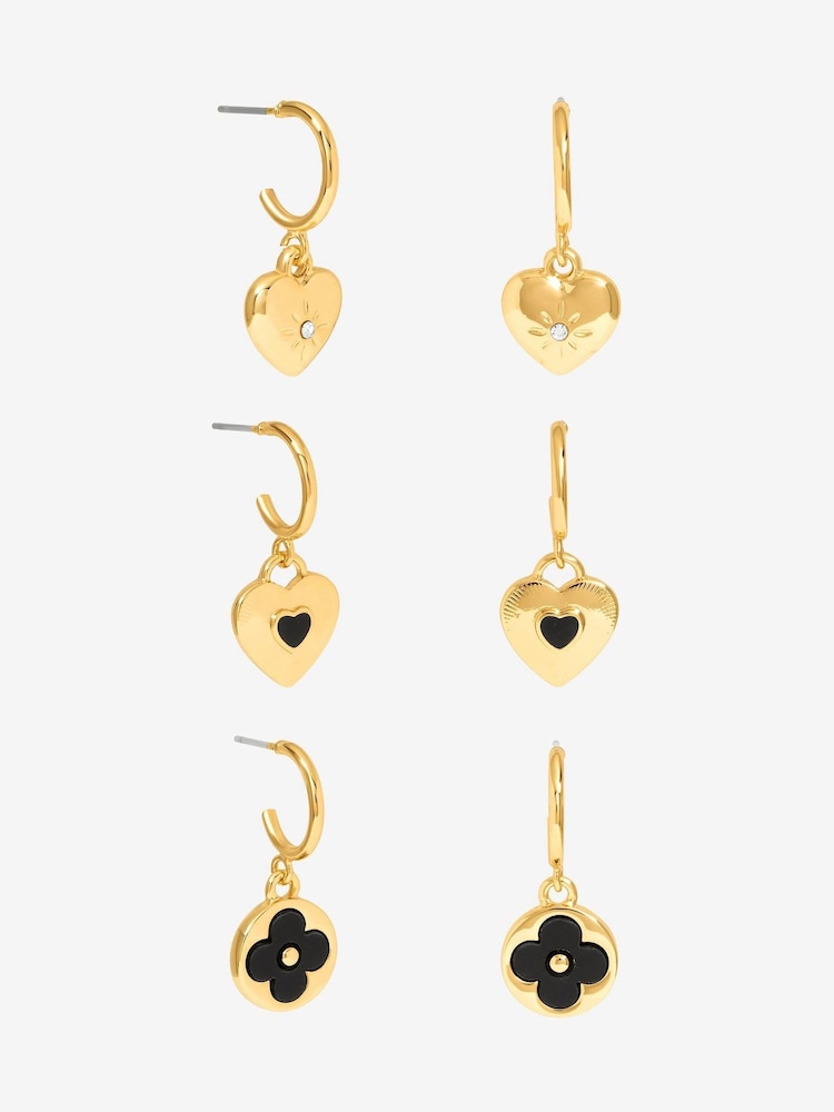 Mood Gold Tone Jet Heart Clover Huggie Charm Earrings Pack of 3 - Image 1 of 4