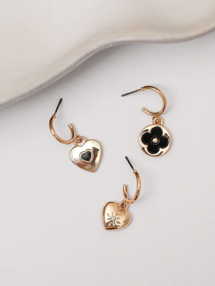 Mood Gold Tone Jet Heart Clover Huggie Charm Earrings Pack of 3 - Image 2 of 4