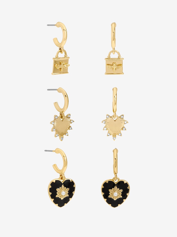 Mood Gold Tone Locket Jet Heart Huggie Charm Earrings Pack of 3 - Image 1 of 5 Mood Gold Tone Locket Jet Heart Huggie Charm Earrings Pack of 3 - Image 1 of 5