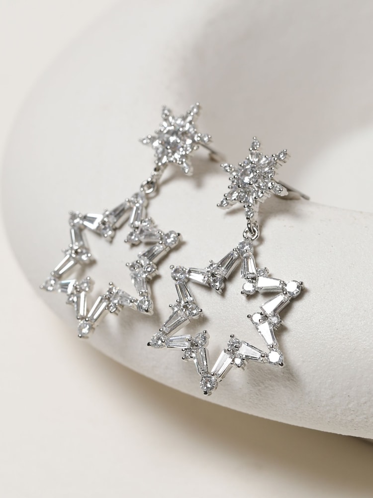 Mood Silver Tone Crystal Star Drop Earrings - Image 2 of 2 Mood Silver Tone Crystal Star Drop Earrings - Image 2 of 2