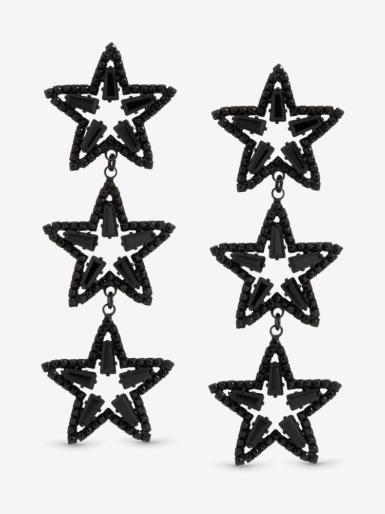 Mood Silver Tone Jet Crystal Triple Star Statement Drop Earrings - Image 1 of 3 Mood Silver Tone Jet Crystal Triple Star Statement Drop Earrings - Image 1 of 3