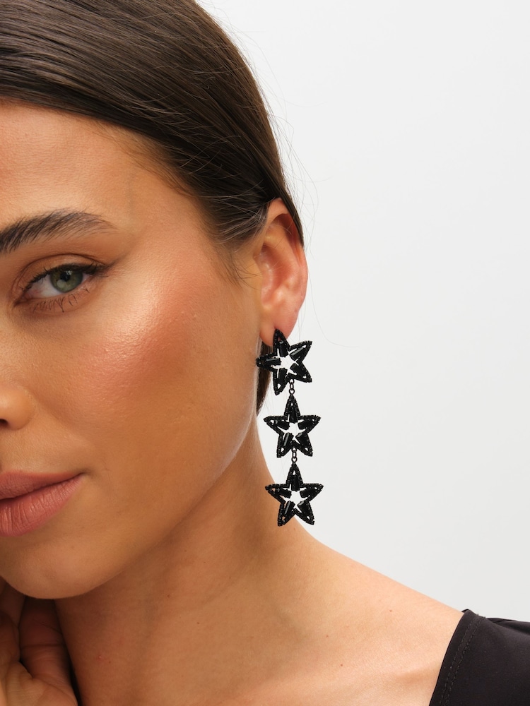 Mood Silver Tone Jet Crystal Triple Star Statement Drop Earrings - Image 2 of 3 Mood Silver Tone Jet Crystal Triple Star Statement Drop Earrings - Image 2 of 3