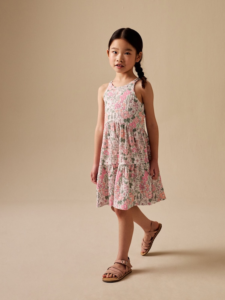 Pink Flower Print Strappy Crinkle Summer Dress (3-16yrs) - Image 1 of 8