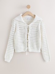 Alb - Cotton Rich Mesh Tie Front Sailor Collar Cardigan - Imaginea 5 din 7