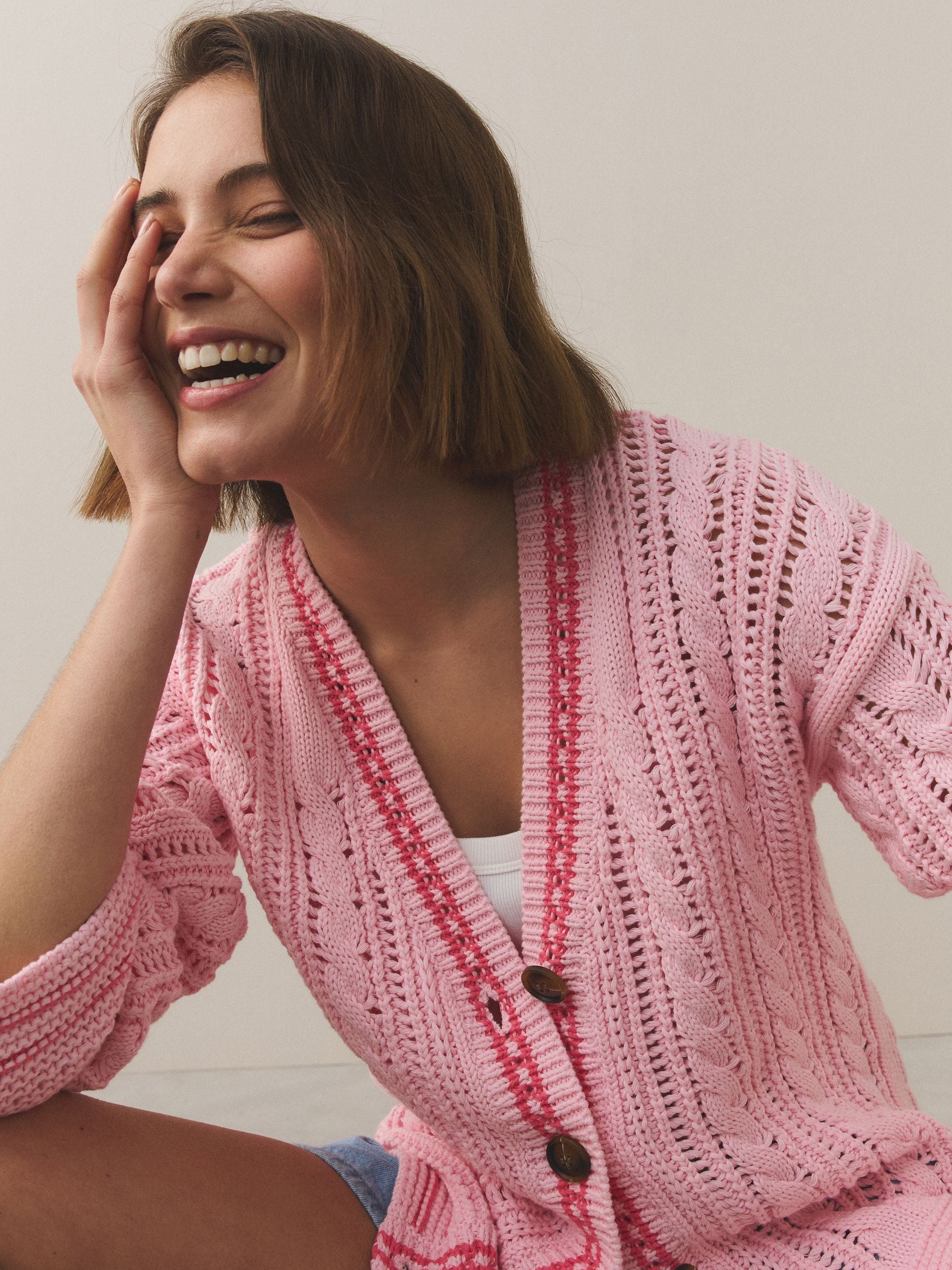 Buy Pink/Red Tipped 100% Cotton Cricket Style Cable Knit Cardigan Buy Pink/Red Tipped 100% Cotton Cricket Style Cable Knit Cardigan
