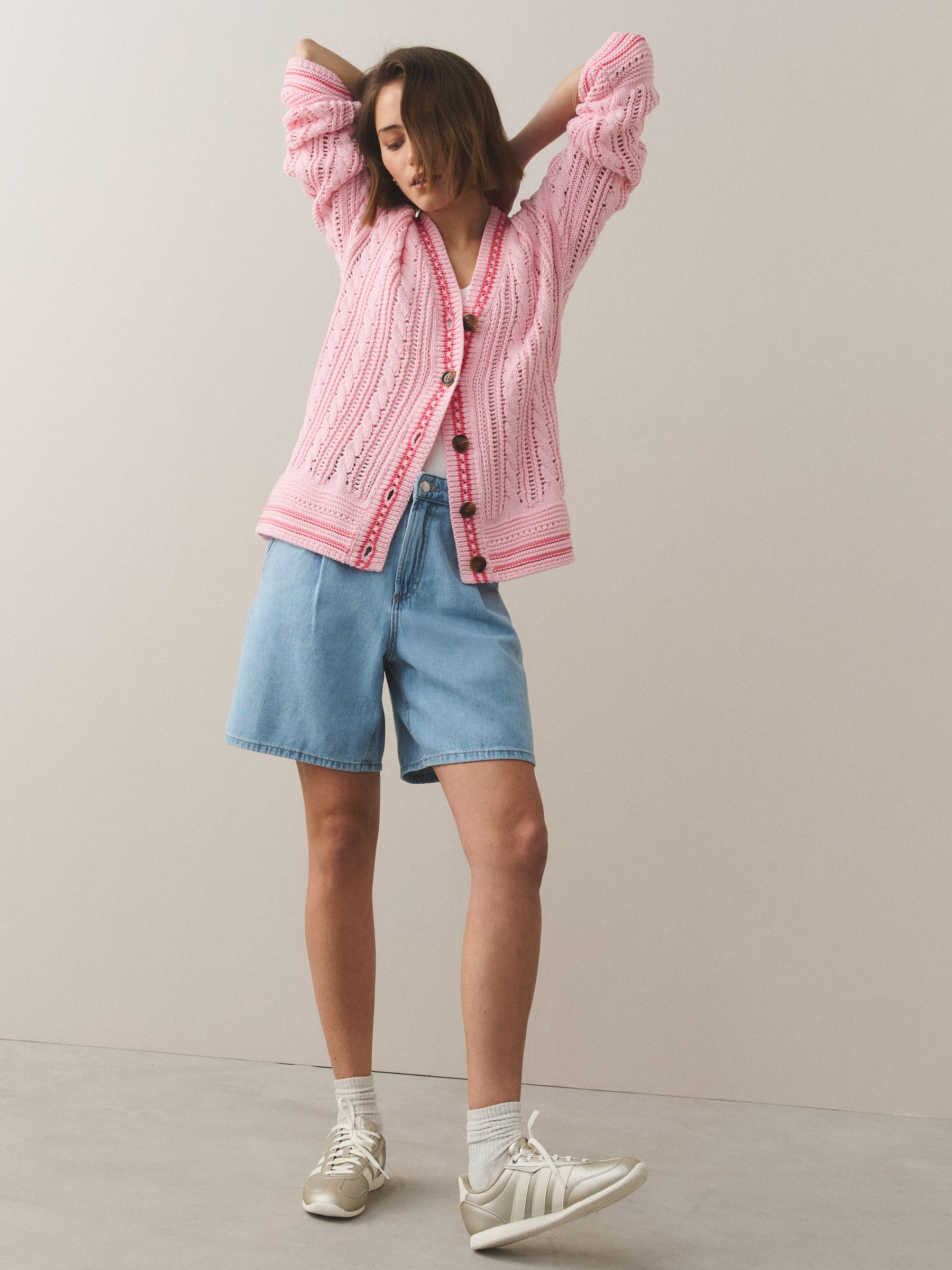 Buy Pink/Red Tipped 100% Cotton Cricket Style Cable Knit Cardigan
