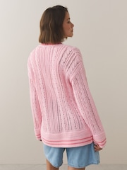 Pink/Red Tipped 100% Cotton Cricket Style Cable Knit Cardigan - Image 4 of 7