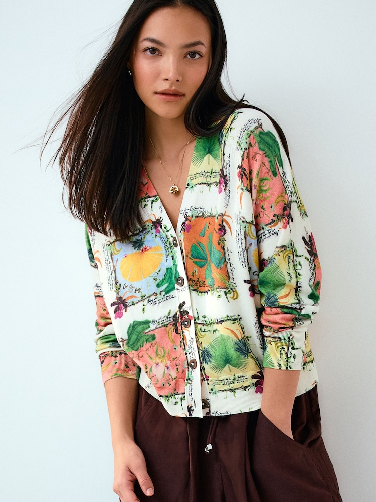 Multi Floral Kew Gardens Print Soft Touch V-Neck Cotton Rich Button Up Cardigan - Image 1 of 4