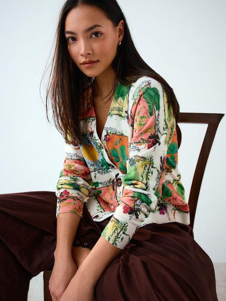 Multi Floral Kew Gardens Print Soft Touch V-Neck Cotton Rich Button Up Cardigan - Image 2 of 4
