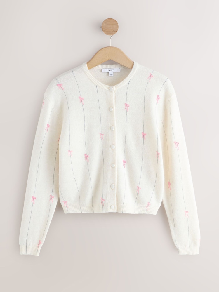 Ecru/Pink Bows Crew Neck Knitted Cardigan - Image 1 of 4