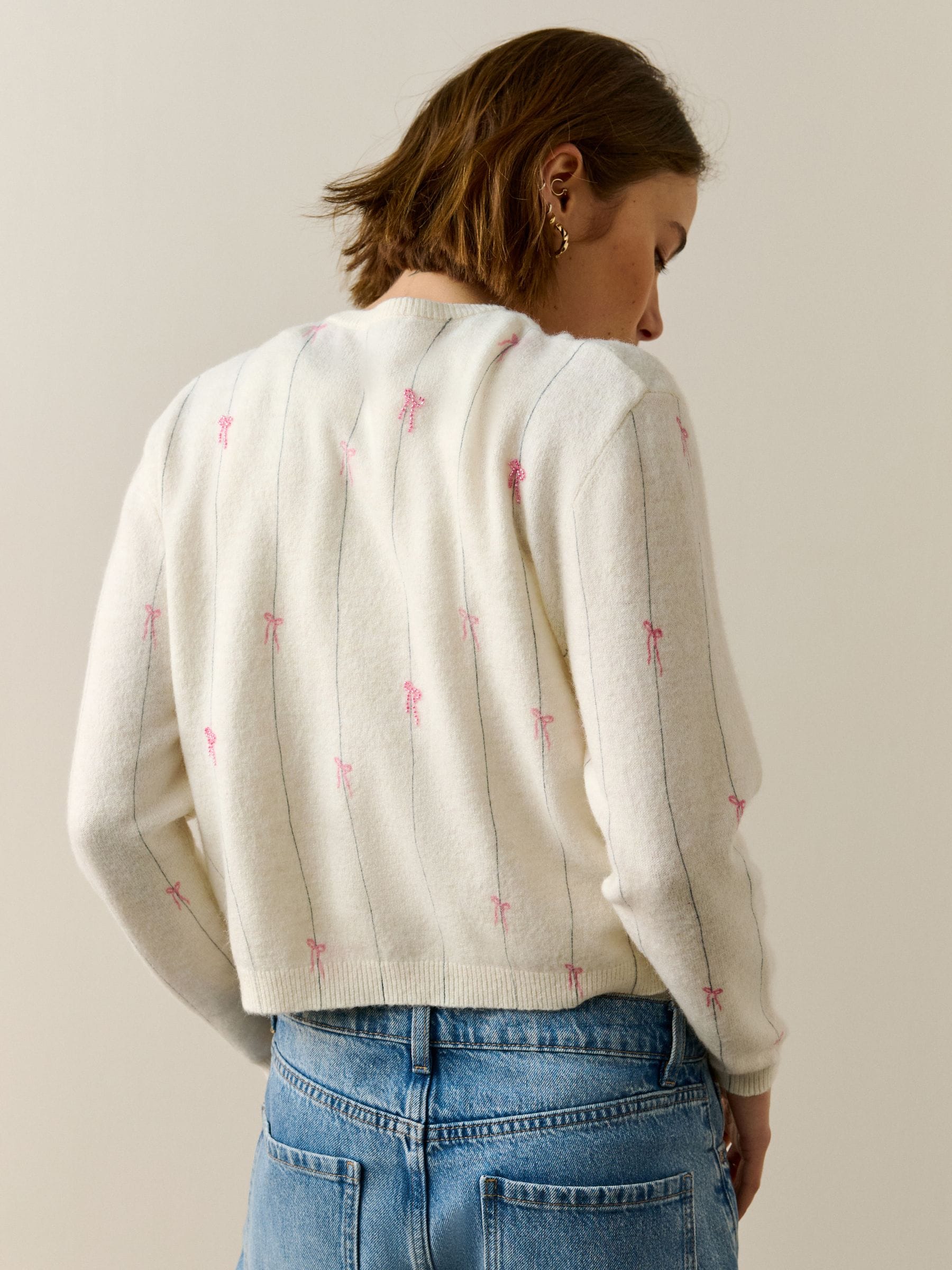 Buy Ecru/Pink Bows Crew Neck Knitted Cardigan from Next USA