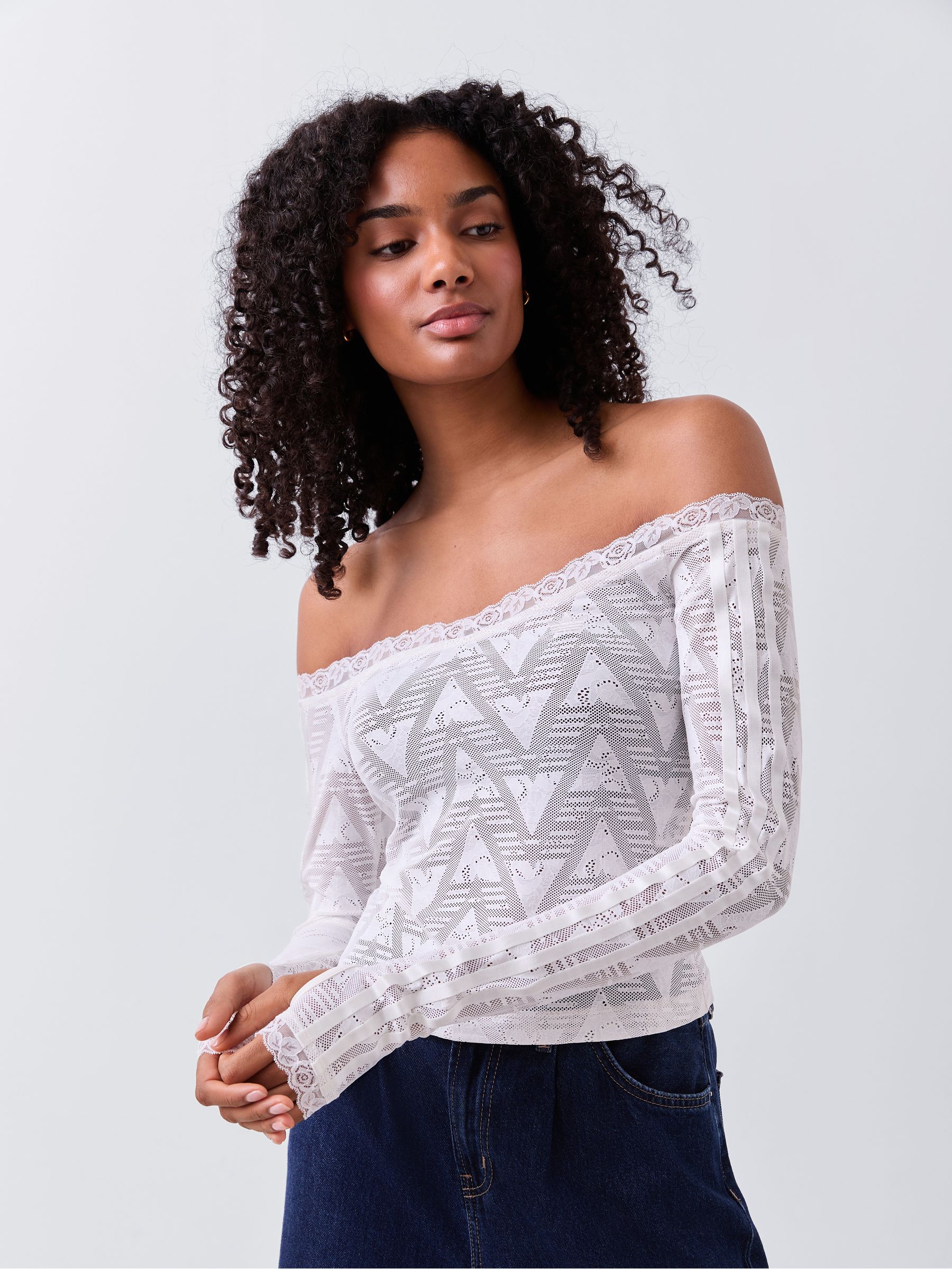 Buy adidas Originals White Lace Long Sleeve Bardot Top from the