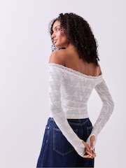 adidas Originals White Lace Long Sleeve Bardot Top - Image 3 of 6