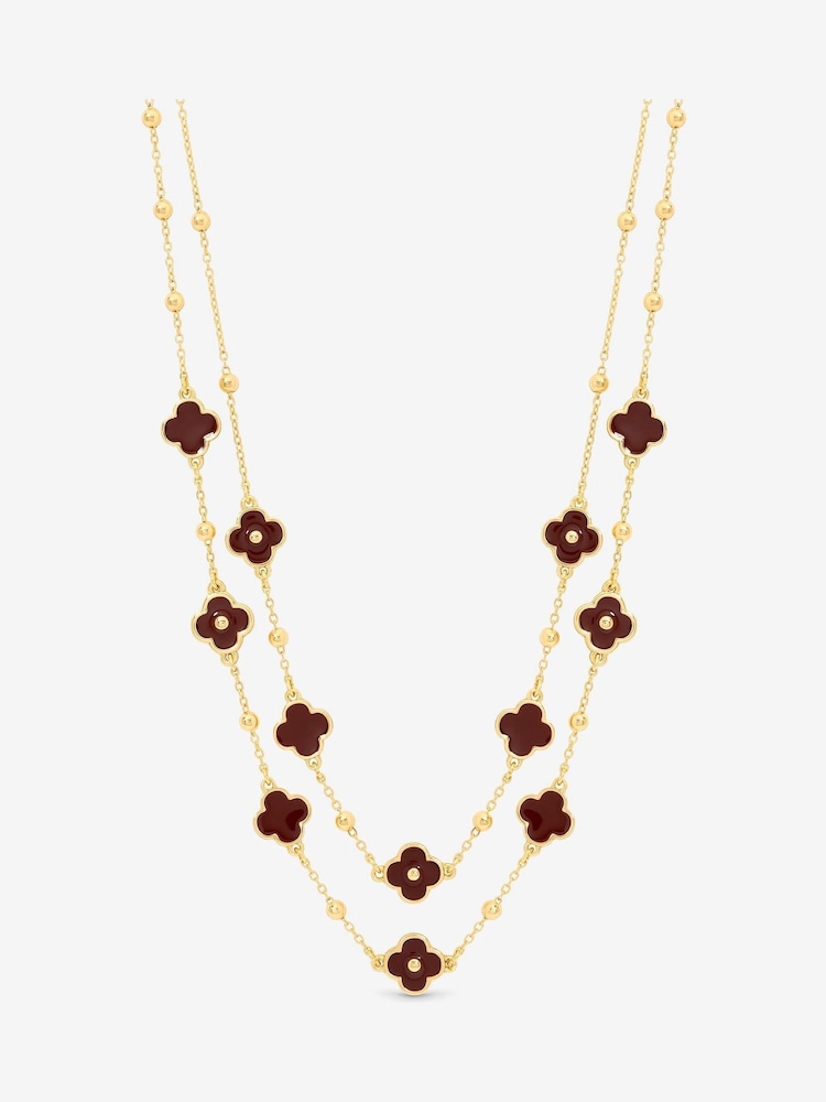 Mood Gold Tone Polished Burgundy Clover Double Row Necklace - Image 1 of 3 Mood Gold Tone Polished Burgundy Clover Double Row Necklace - Image 1 of 3