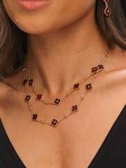 Mood Gold Tone Polished Burgundy Clover Double Row Necklace - Image 2 of 3