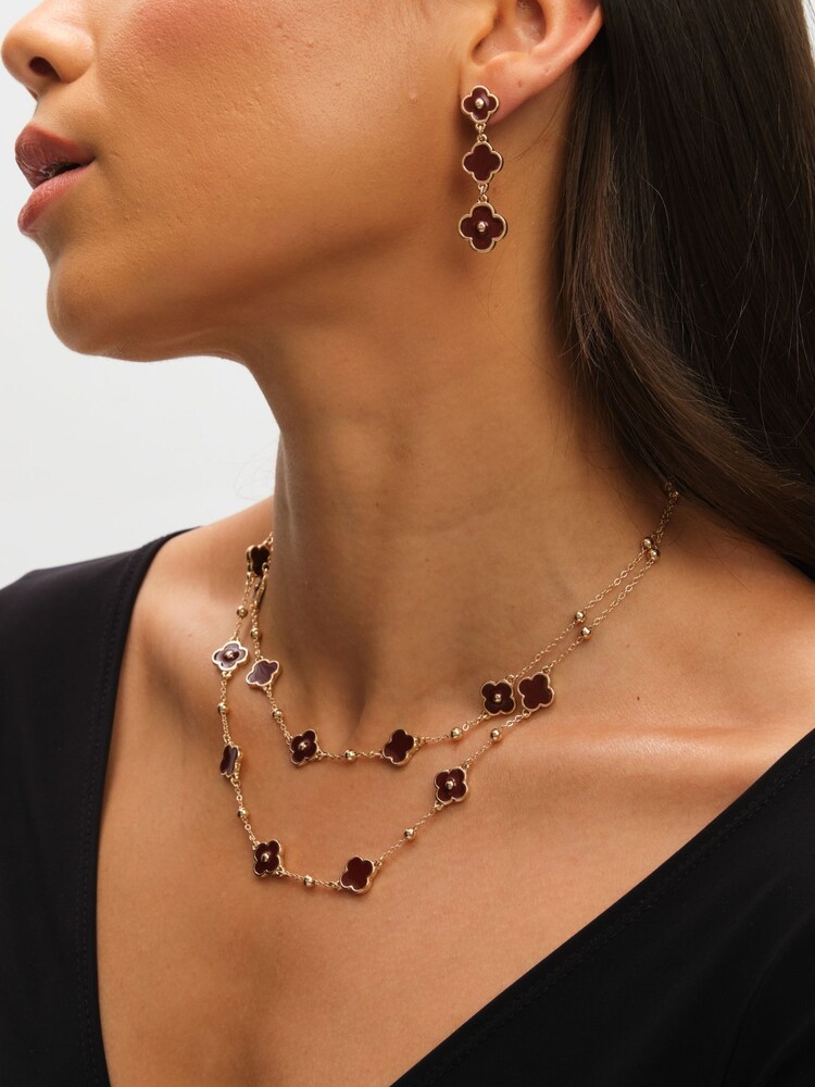 Mood Gold Tone Polished Burgundy Clover Double Row Necklace - Image 3 of 3