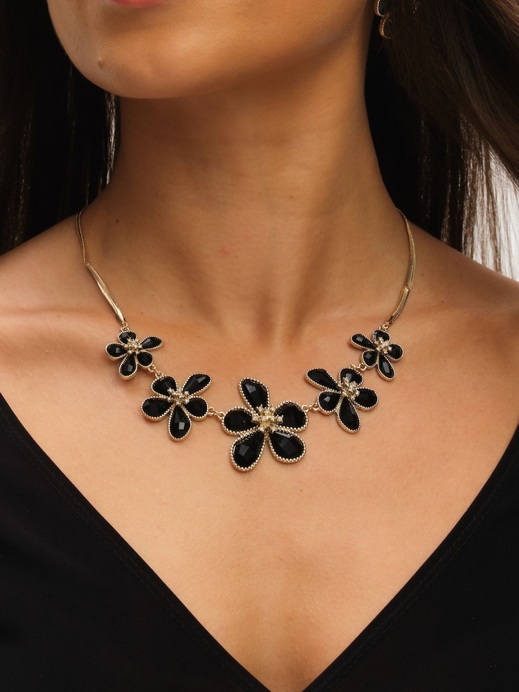 Mood Gold Tone Crystal and Jet Glass Flower Necklace - Image 3 of 3
