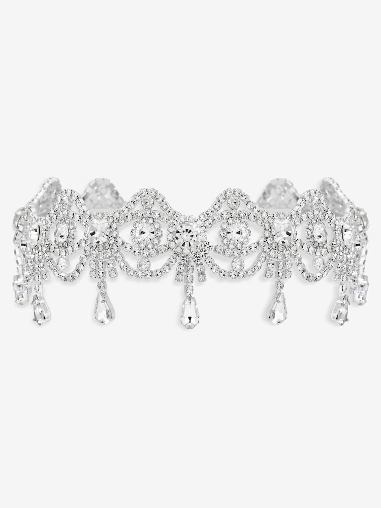 Mood Silver Tone Crystal Bow Drop Statement Choker Necklace - Image 1 of 3 Mood Silver Tone Crystal Bow Drop Statement Choker Necklace - Image 1 of 3