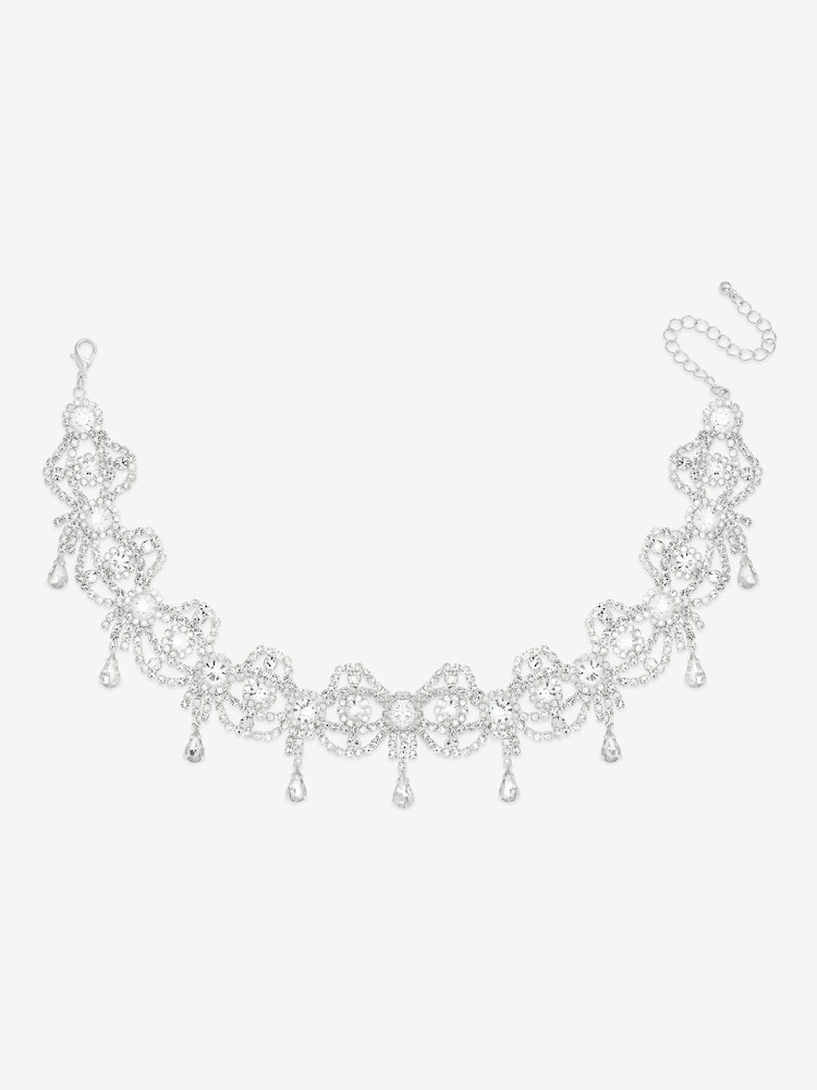 Mood Silver Tone Crystal Bow Drop Statement Choker Necklace - Image 2 of 3 Mood Silver Tone Crystal Bow Drop Statement Choker Necklace - Image 2 of 3