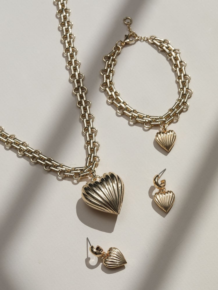 Mood Gold Ridged Heart Chunky Short Pendant - Image 2 of 2 Mood Gold Ridged Heart Chunky Short Pendant - Image 2 of 2