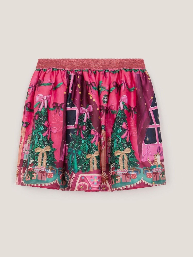 Monsoon Pink Christmas Scene Satin Skirt - Image 1 of 3 Monsoon Pink Christmas Scene Satin Skirt - Image 1 of 3