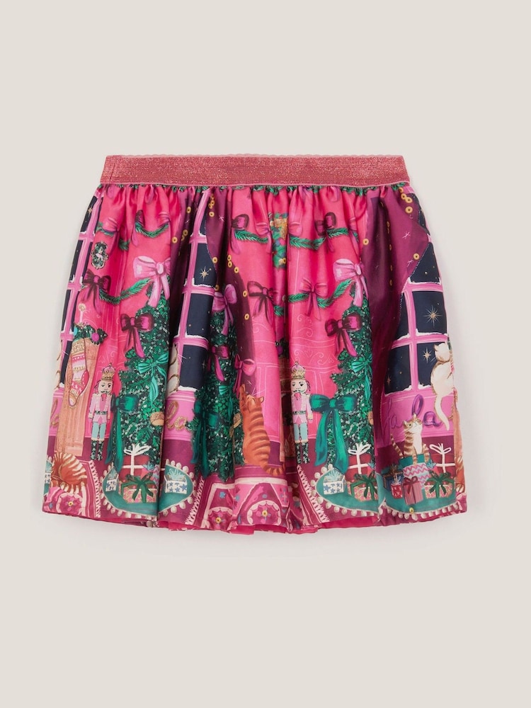 Monsoon Pink Christmas Scene Satin Skirt - Image 2 of 3