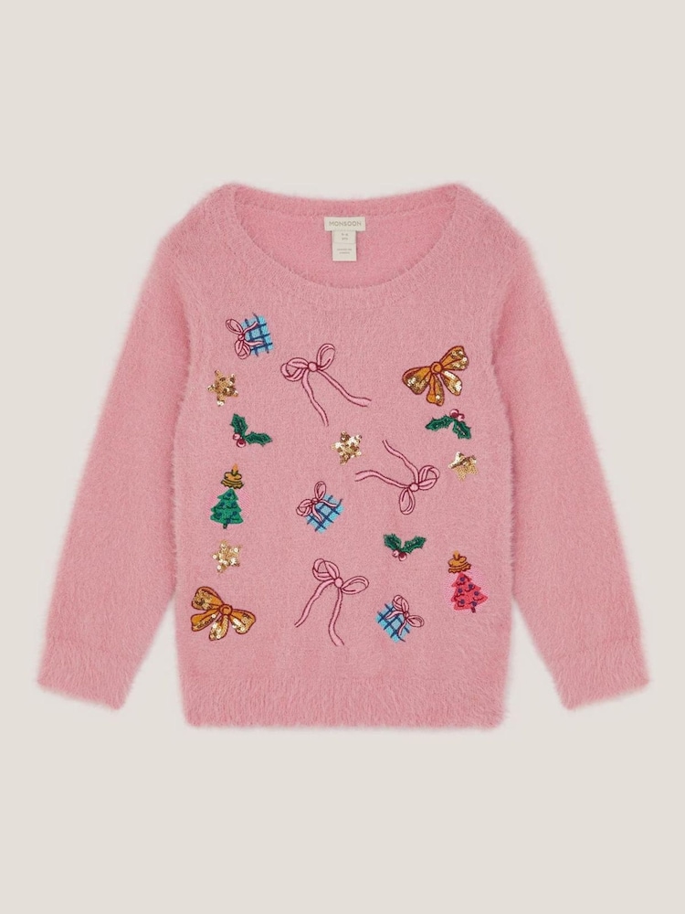 Monsoon Pink Embellished Fuzzy Christmas Jumper - Image 1 of 3 Monsoon Pink Embellished Fuzzy Christmas Jumper - Image 1 of 3