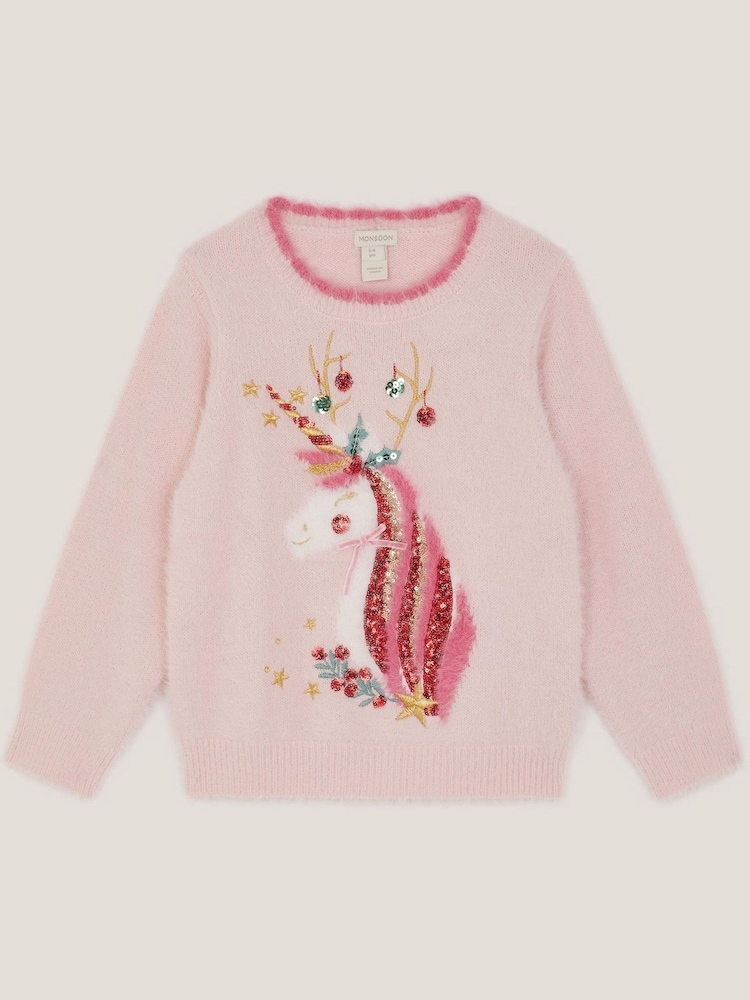 Monsoon Pink Christmas Unicorn Fuzzy Jumper - Image 1 of 3 Monsoon Pink Christmas Unicorn Fuzzy Jumper - Image 1 of 3