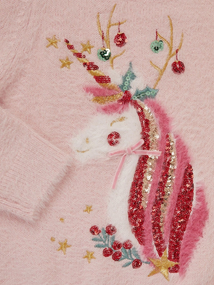 Monsoon Pink Christmas Unicorn Fuzzy Jumper - Image 3 of 3