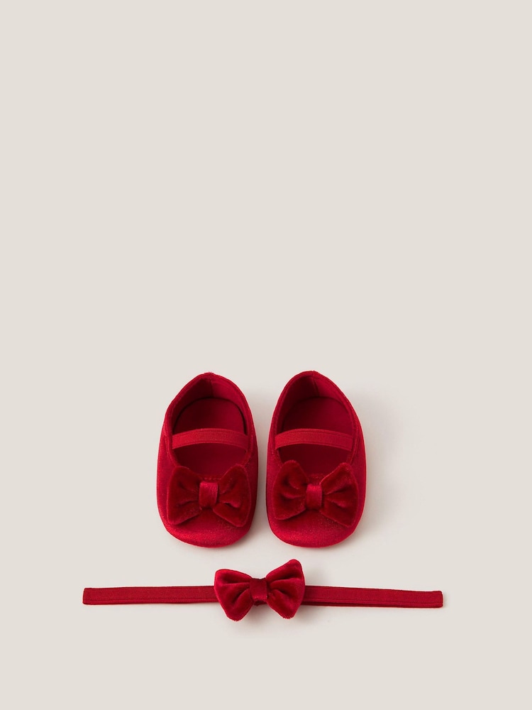 Monsoon Red Baby Bow Velvet Headband & Booties Set - Image 1 of 4 Monsoon Red Baby Bow Velvet Headband & Booties Set - Image 1 of 4