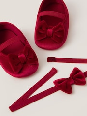 Monsoon Red Baby Bow Velvet Headband & Booties Set - Image 4 of 4