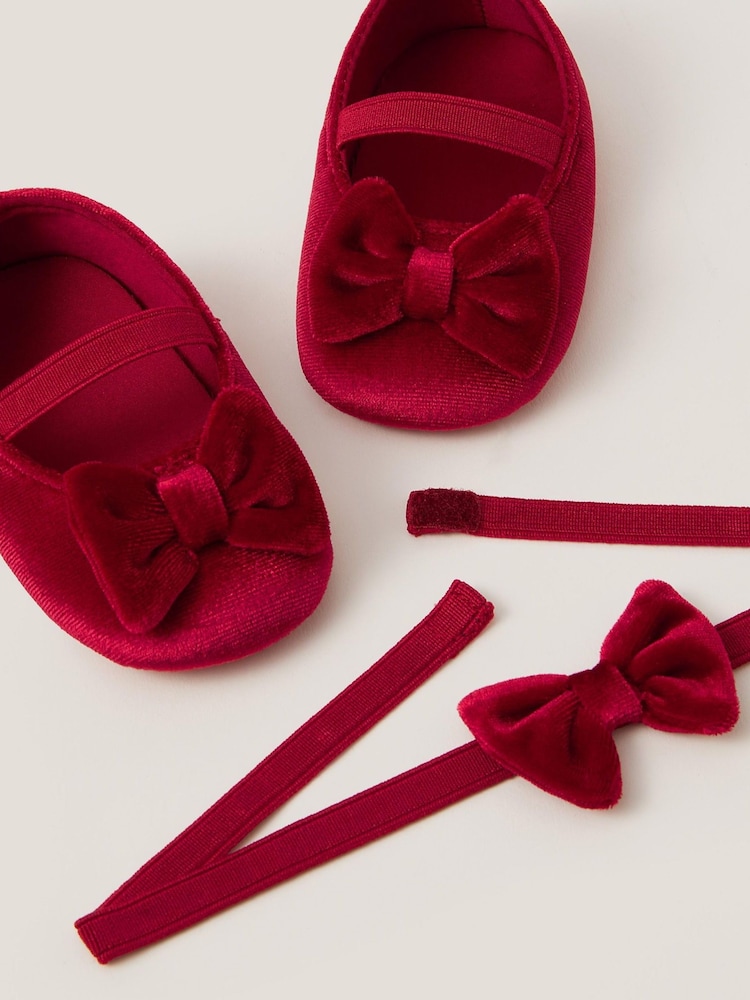 Monsoon Red Baby Bow Velvet Headband & Booties Set - Image 4 of 4