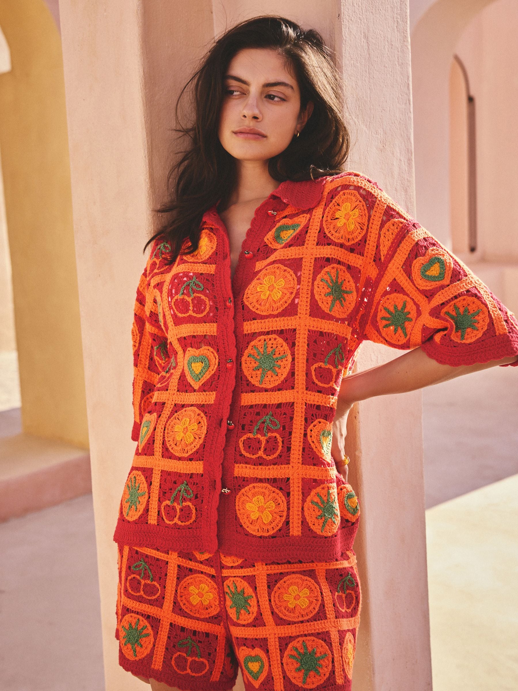 みかん トップスS Buy Red/Orange Fruit - Crochet Short Sleeve Collared Shirt з сайту